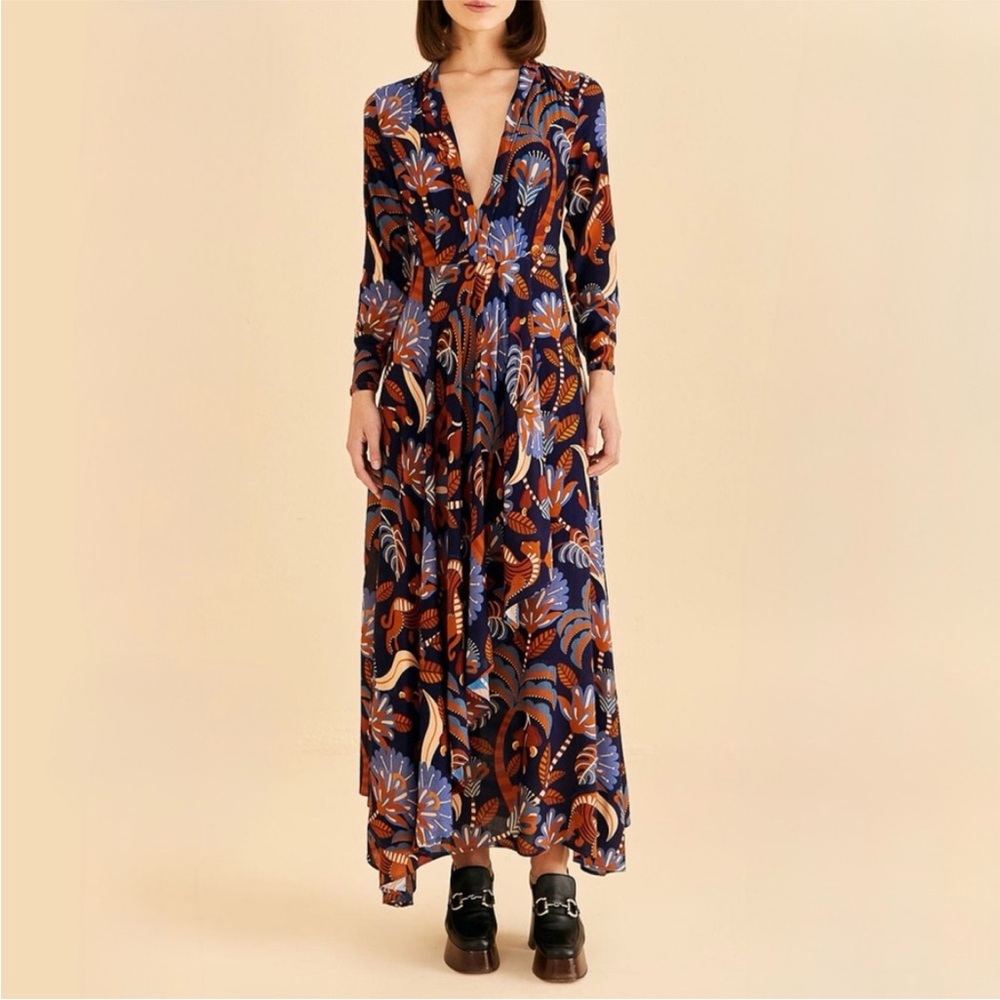 NWT Farm Rio Nature Beauty Blue Long Sleeve Maxi Dress Boho Fall - Picture 8 of 9